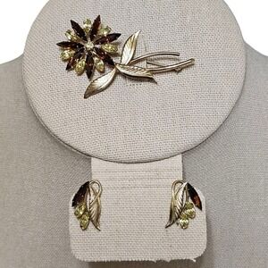 Vtg Tru Kay 12k Gold Filled Brooch & Earring Set Brown Green Rhinestone Flower